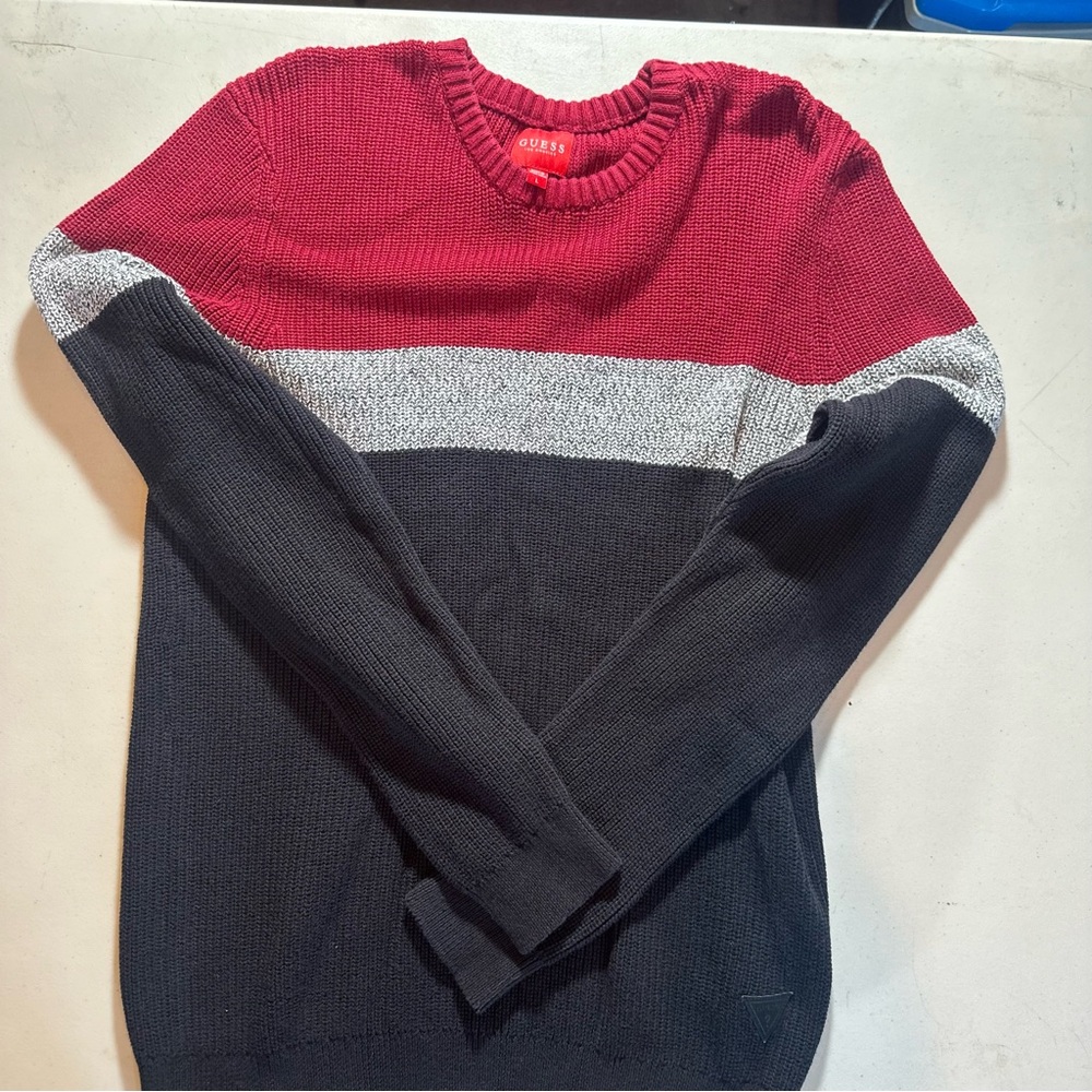Guess Men's Burgundy, Gray, and Black Crewneck Sweater